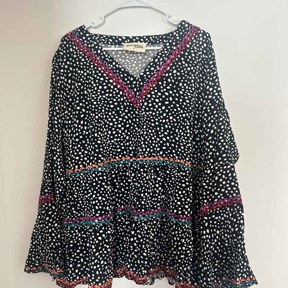 Savanna Jane Black and White Polka Dot Blouse with Colorful Trim